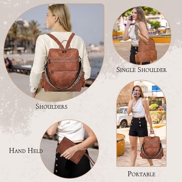 Waterproof PU Leather Backpack Women Anti-Theft Multi-Purpose Shoulder Bag - Picture 5 of 6